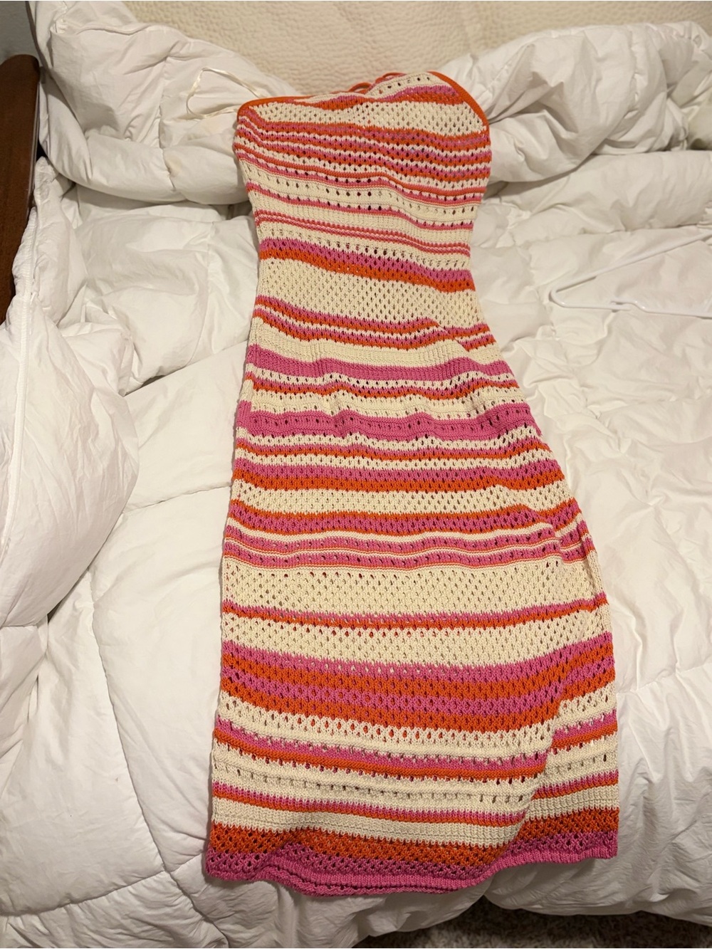 ANTONIO MELANI Strapless Crochet Maxi Dress in Cream, Pink & Orange